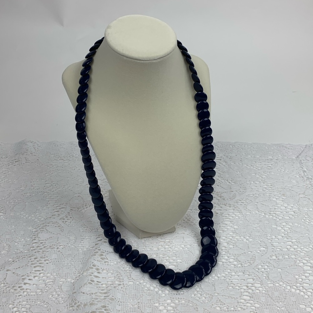 Vintage Flat Beaded Necklace Navy blue Gold Clasp